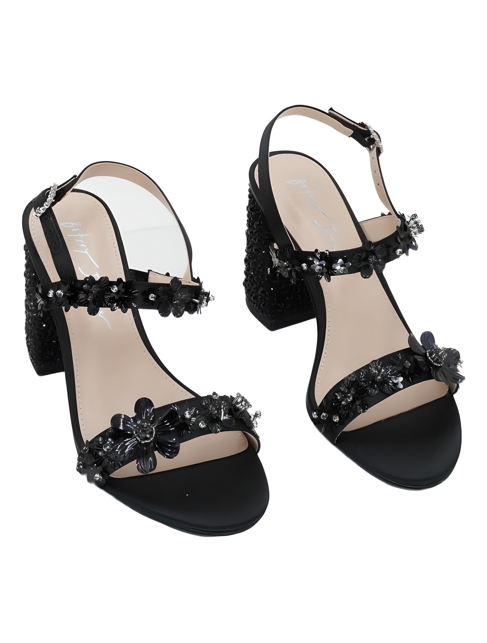 Betsey Johnson Drue Black Satin Floral Embellished Block Heel Sandals Size 6.5M